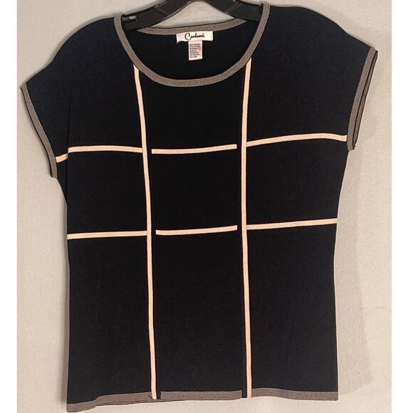 Vintage Carducci Black White Grid Minimalist Short Sleeve Sweater Knit ~ Sz L - Picture 5 of 8